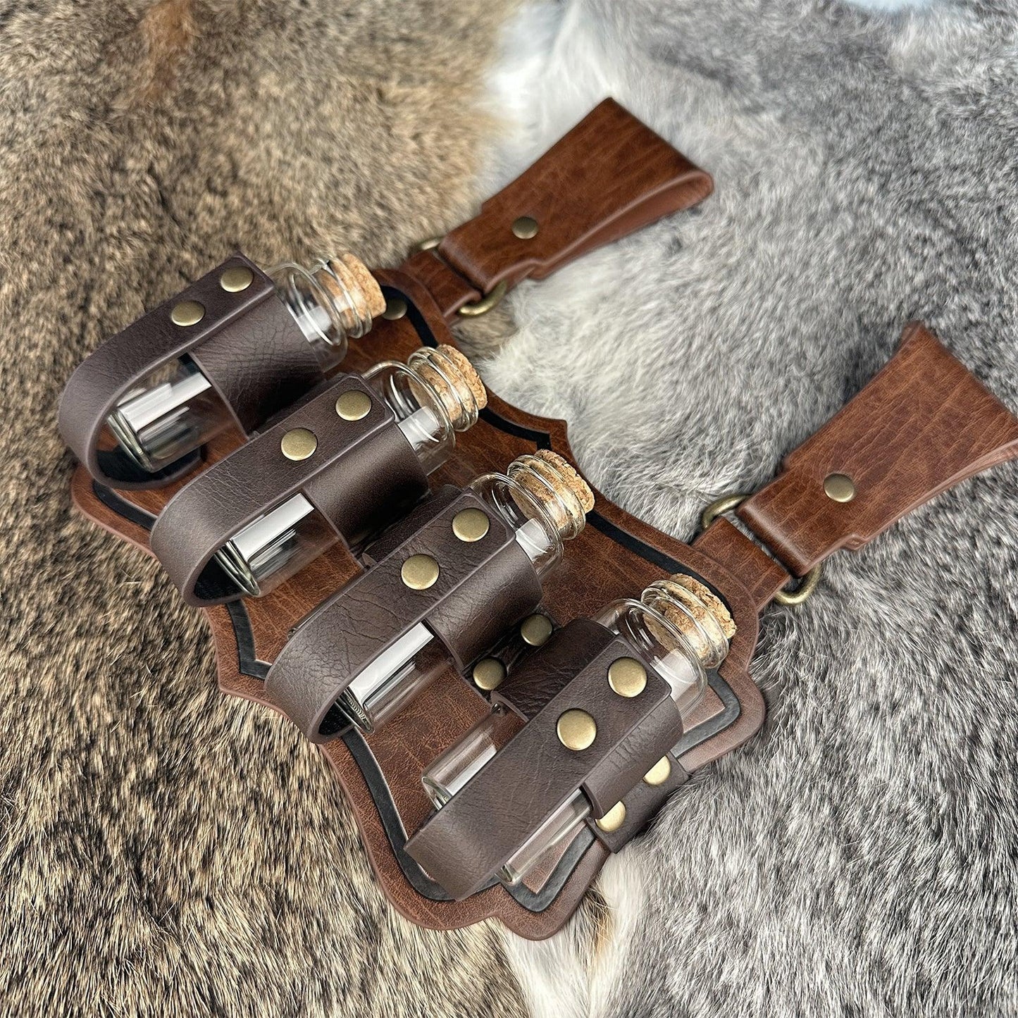 HiiFeuer Medieval Embossed Alchemy Faux Leather Buckle Belt with 4 Cork Vials, Fantasy Wizard Potion Bottles Belt