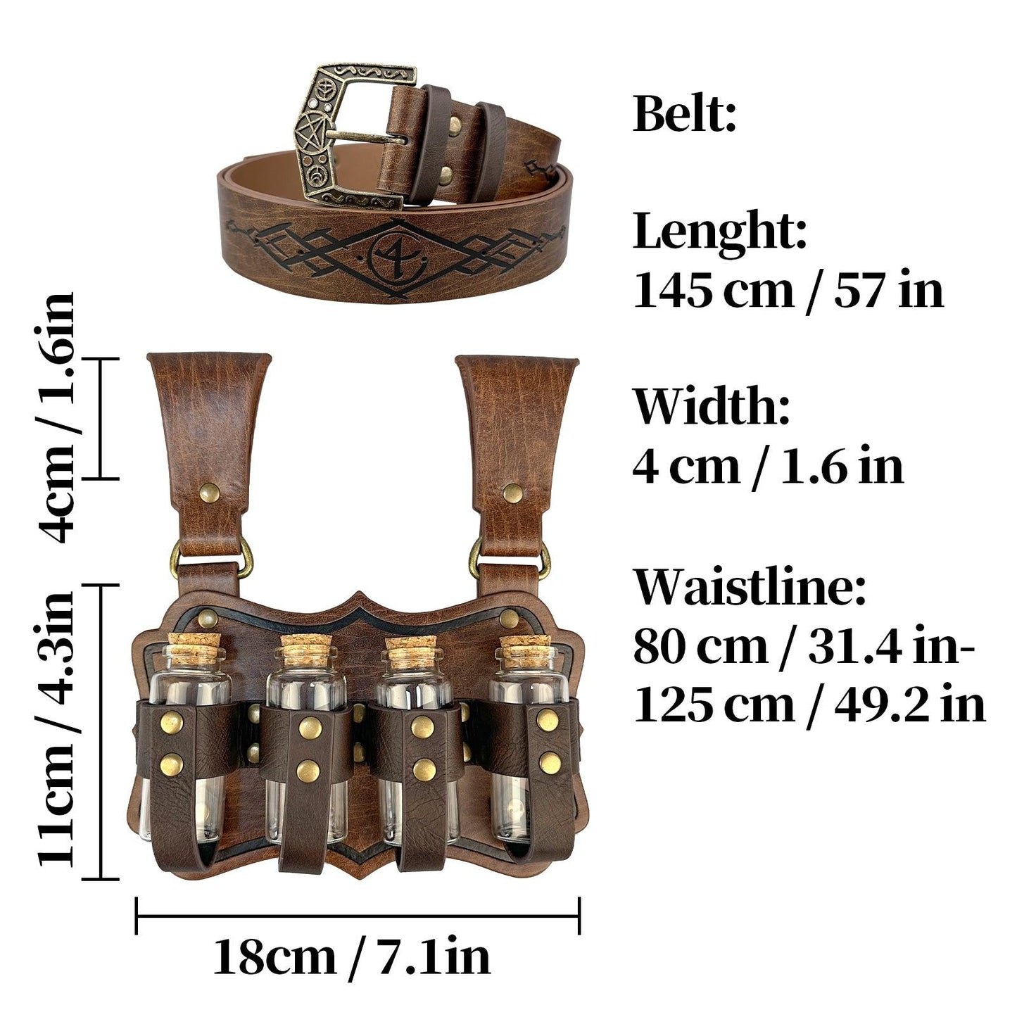 HiiFeuer Medieval Embossed Alchemy Faux Leather Buckle Belt with 4 Cork Vials, Fantasy Wizard Potion Bottles Belt