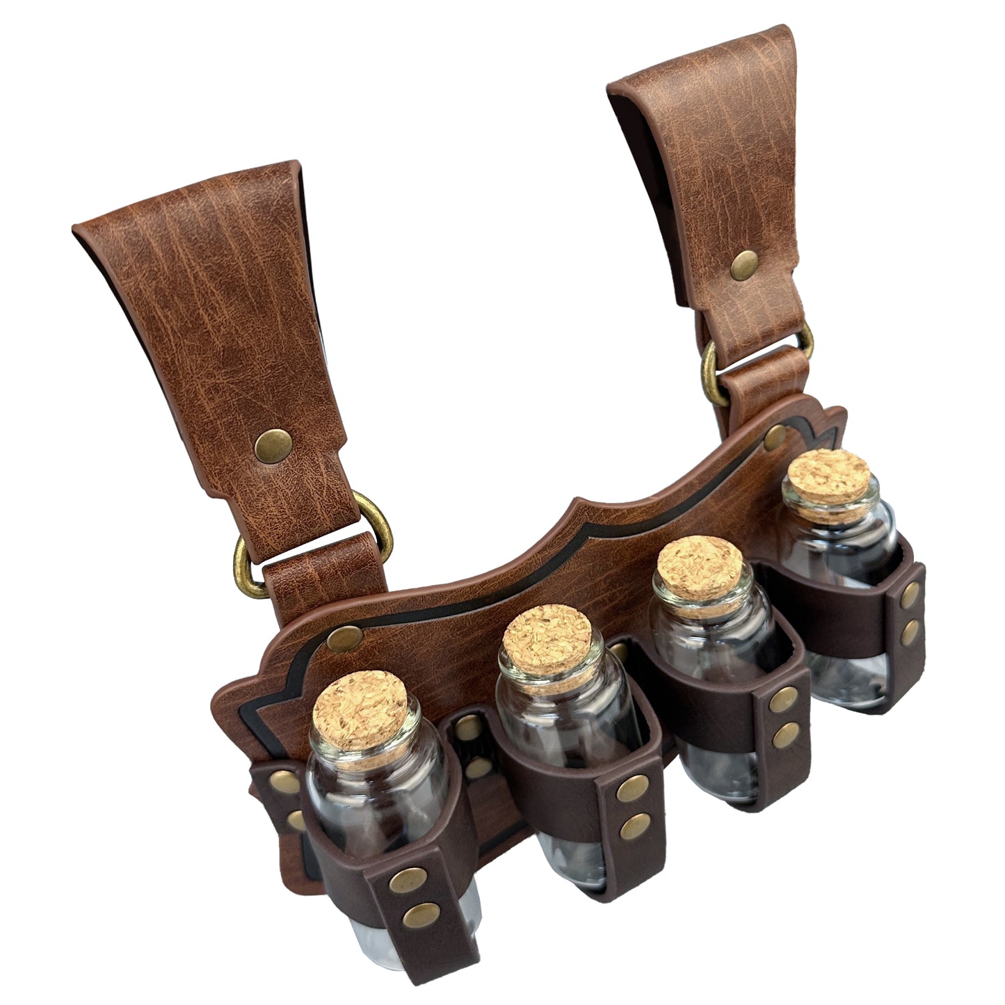 HiiFeuer Medieval Embossed Alchemy Faux Leather Buckle Belt with 4 Cork Vials, Fantasy Wizard Potion Bottles Belt