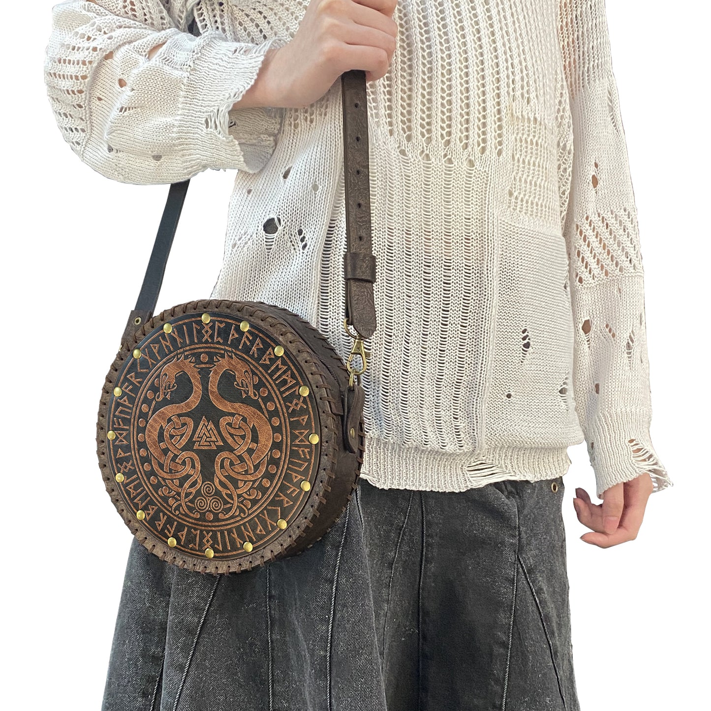 HiiFeuer Viking Embossed Crossbody Bag, Nordic Faux Leather Belt Bag Satchel Bag, Medieval Portable Cosplay Shoulder Bag