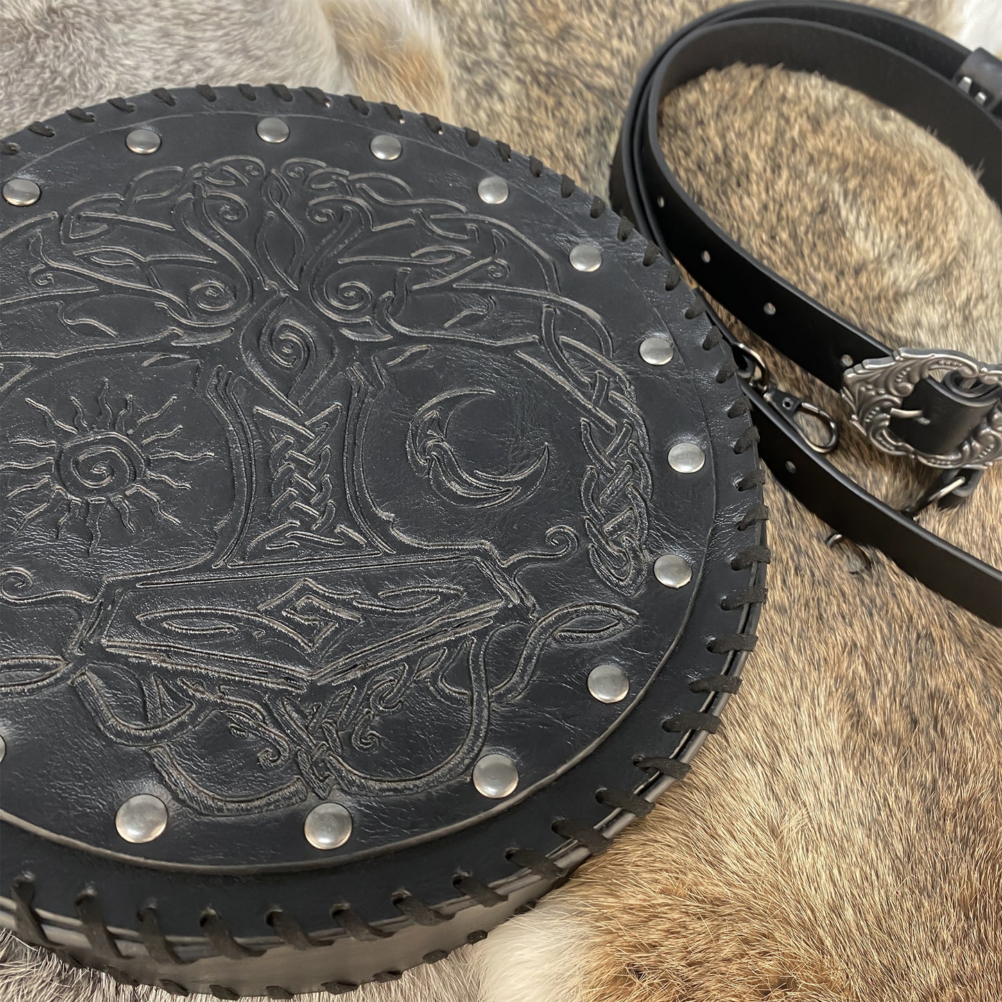 HiiFeuer Viking Embossed Crossbody Bag, Nordic Faux Leather Belt Bag Satchel Bag, Medieval Portable Cosplay Shoulder Bag
