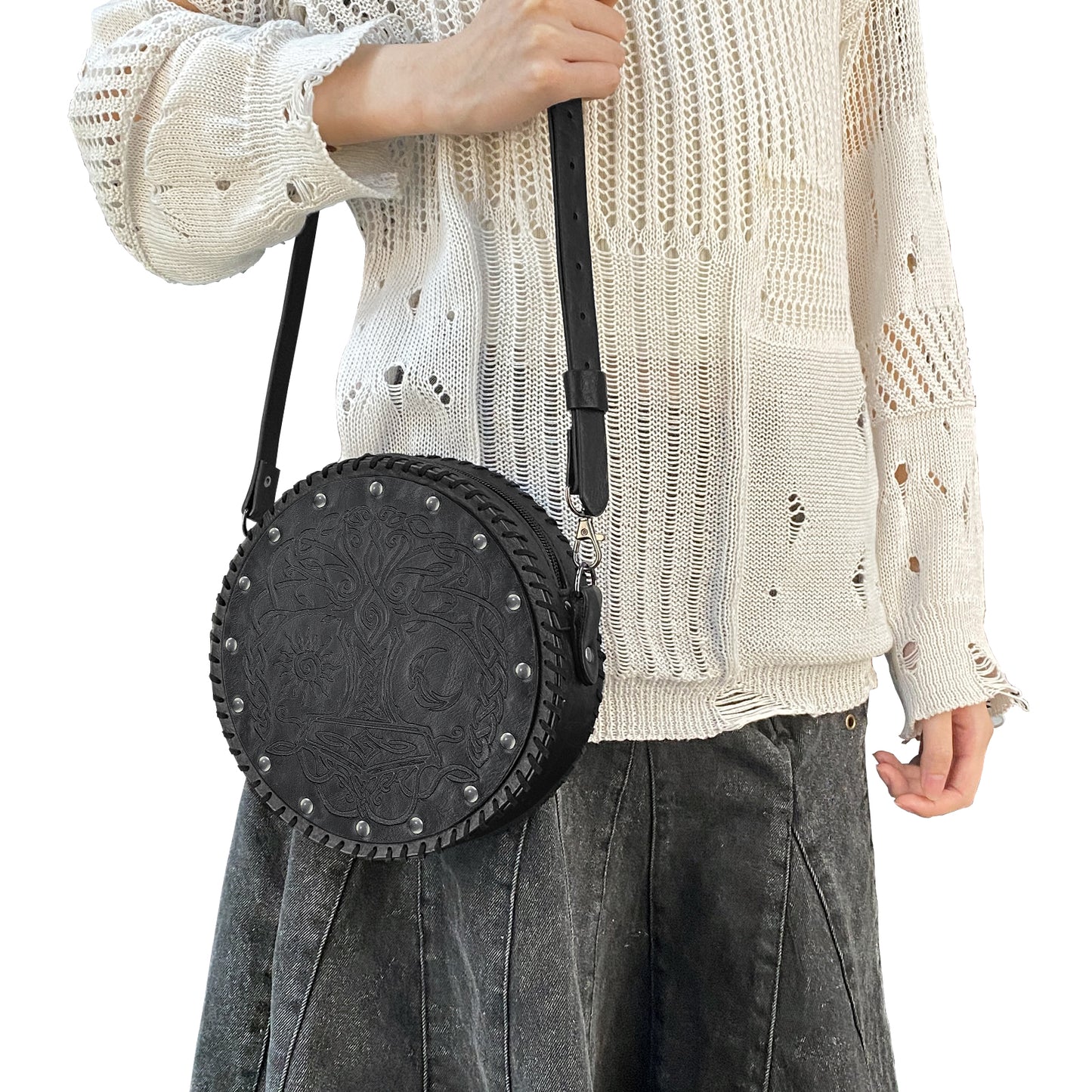 HiiFeuer Viking Embossed Crossbody Bag, Nordic Faux Leather Belt Bag Satchel Bag, Medieval Portable Cosplay Shoulder Bag