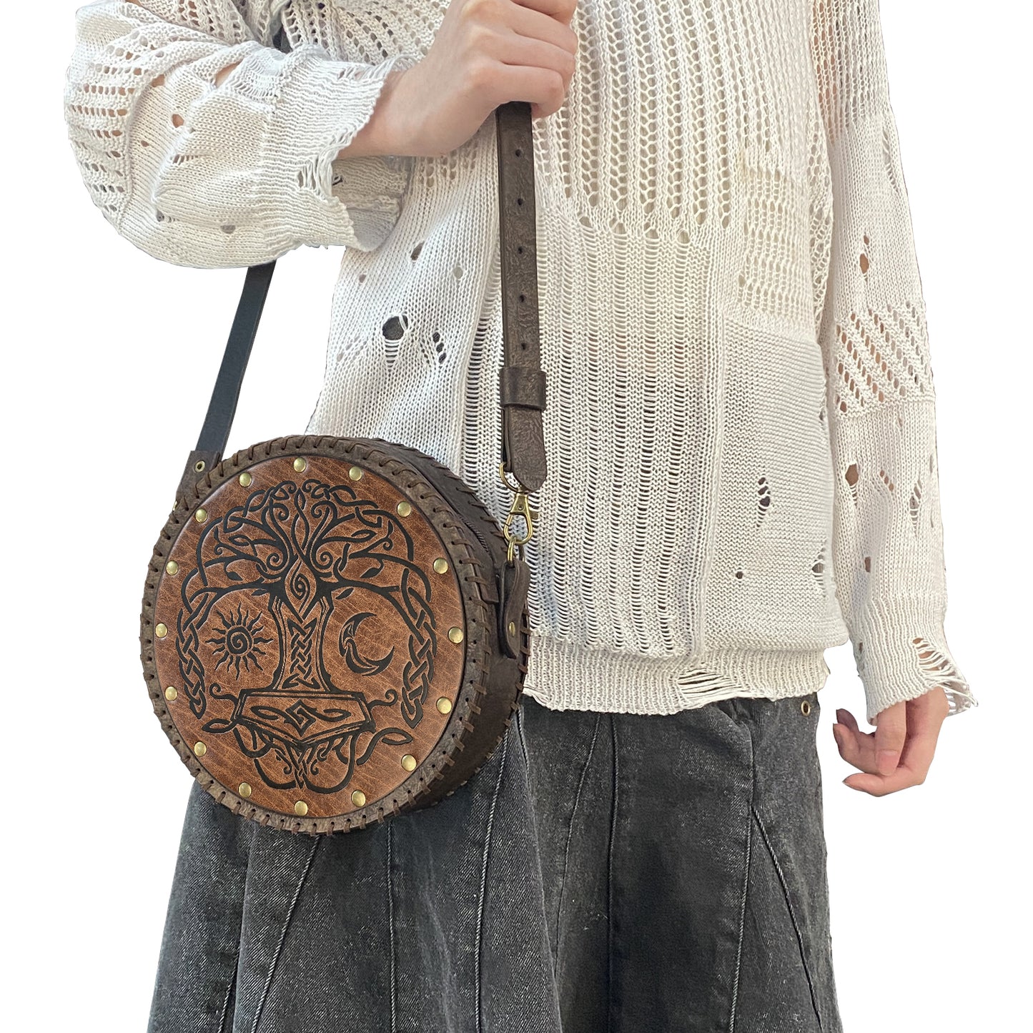 HiiFeuer Viking Embossed Crossbody Bag, Nordic Faux Leather Belt Bag Satchel Bag, Medieval Portable Cosplay Shoulder Bag