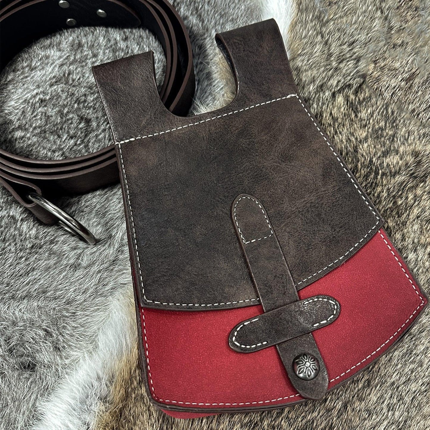 Medieval leather belt pouch with brown and red panels on faux fur, cosplay accessory