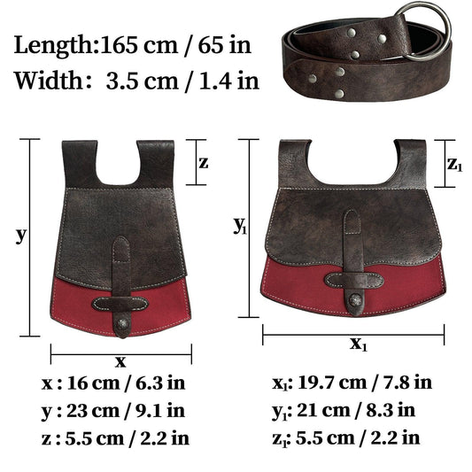 Medieval style brown leather belt and red pouch set with detailed measurements for cosplay or costumes.
