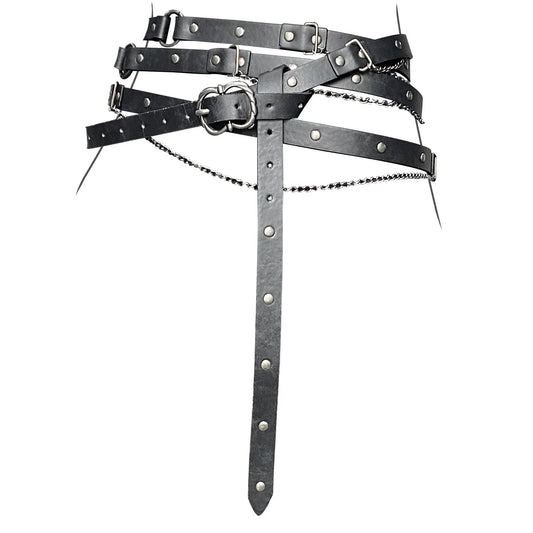 Medieval-style black leather harness belt with metal rivets and chains, cosplay accessory