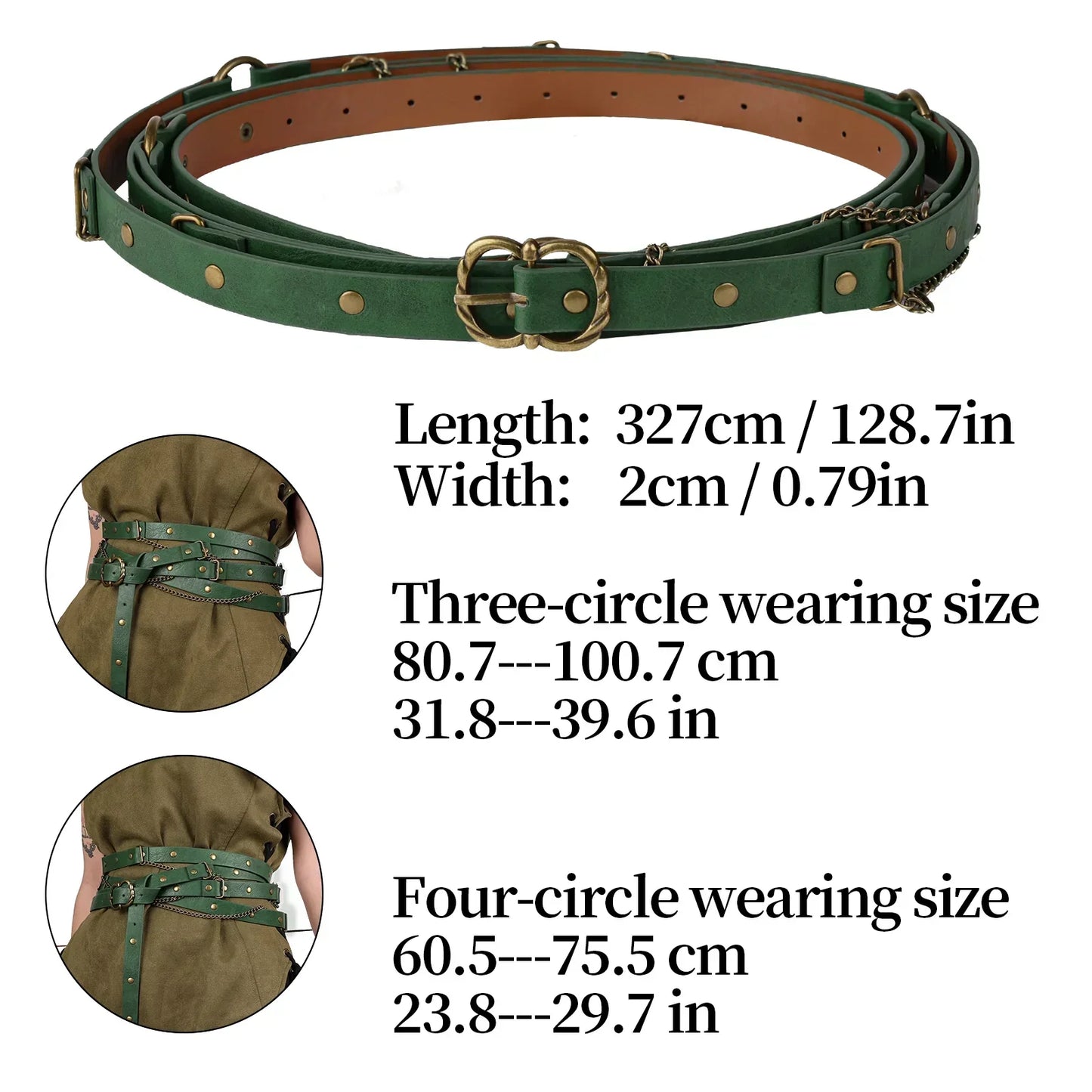 Green medieval cosplay belt with brass buckle, multi-wrap style, shown on costume with size details