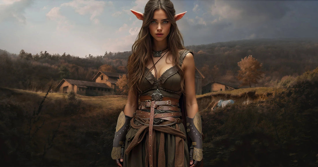 Medieval elf woman in fantasy cosplay costume with pointed ears, leather belts, and rustic farm background