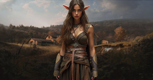 Medieval elf woman in fantasy cosplay costume with pointed ears, leather belts, and rustic farm background