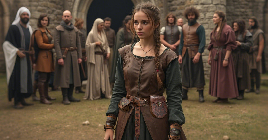 Young woman in detailed medieval cosplay costume stands in front of a group, stone building background