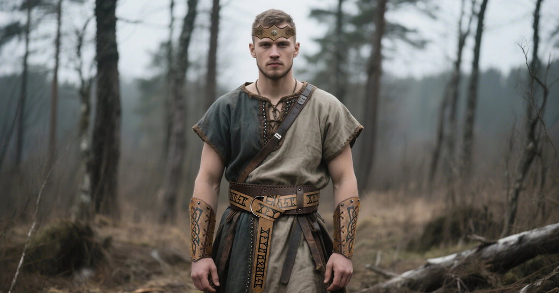 Medieval Viking warrior cosplay outfit with leather bracers and crown in forest