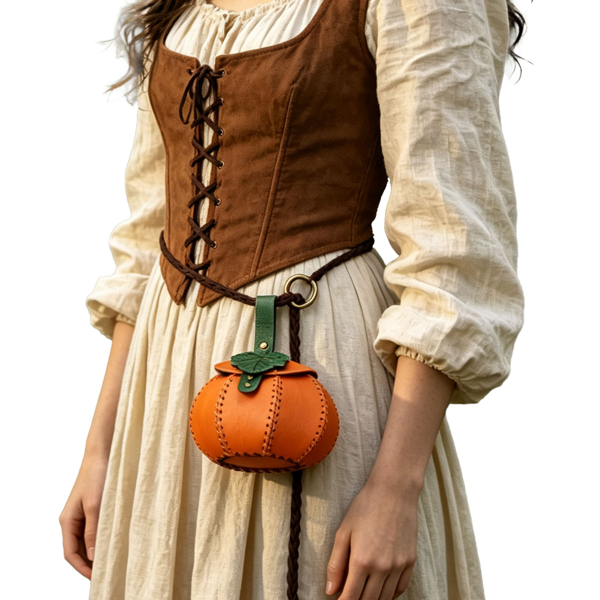 HiiFeuer Faux Leather Pumpkin Shaped Pouch with Woven Lanyard