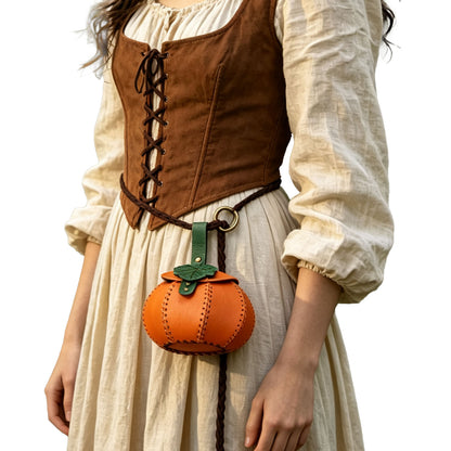 HiiFeuer Faux Leather Pumpkin Shaped Pouch with Woven Lanyard