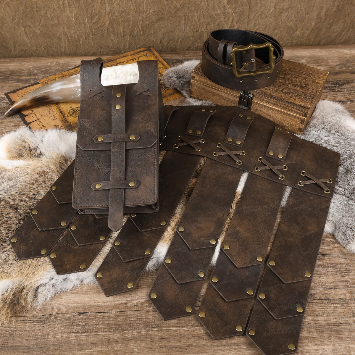 HiiFeuer Medieval Belt Knight Armor with Pouch Retro Faux Leather