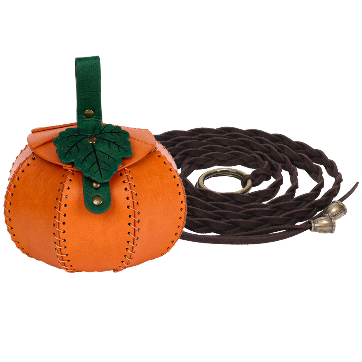HiiFeuer Faux Leather Pumpkin Shaped Pouch with Woven Lanyard