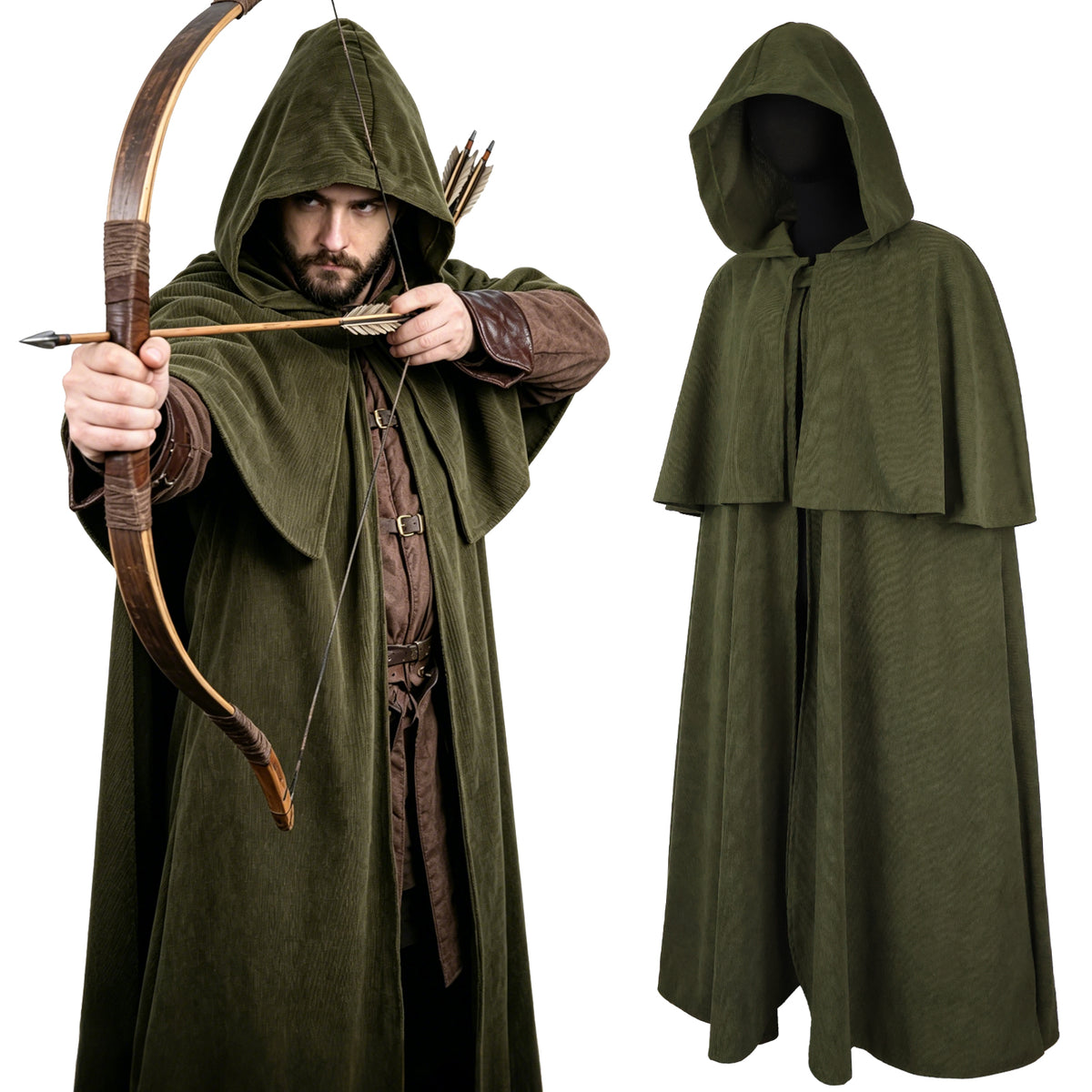 HiiFeuer Medieval Corduroy Hooded Cloak with Adjustable Brooch