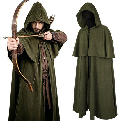 HiiFeuer Medieval Corduroy Hooded Cloak with Adjustable Brooch