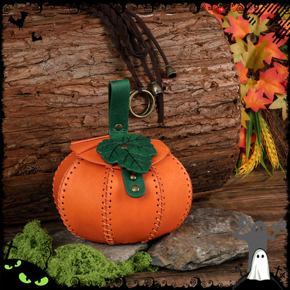 HiiFeuer Faux Leather Pumpkin Shaped Pouch with Woven Lanyard