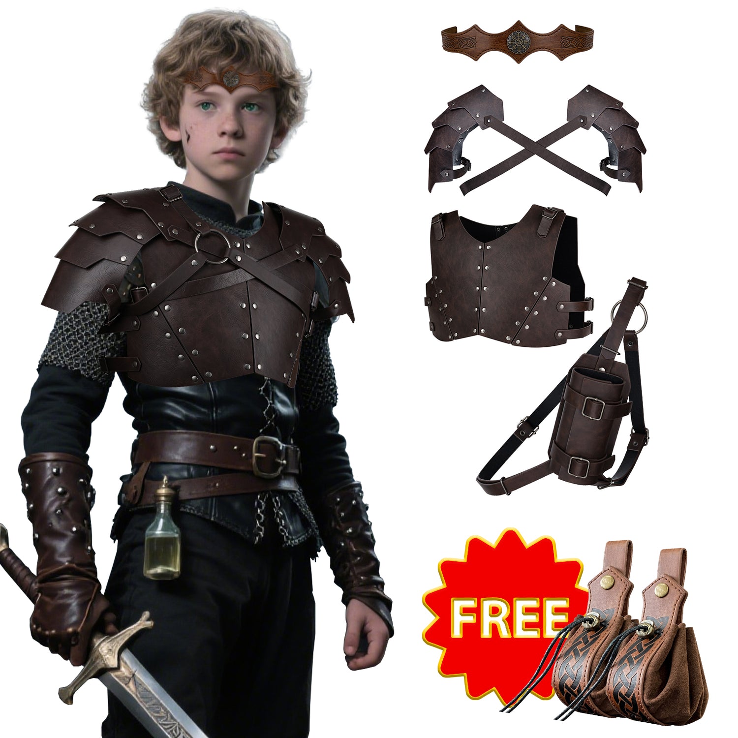 4 PCs Medieval Faux Leather Armor Set for Kids