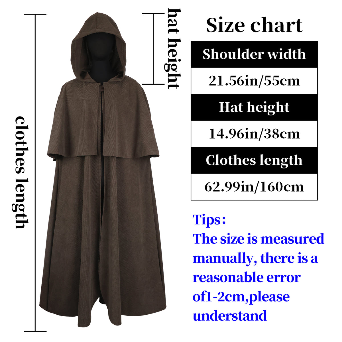 HiiFeuer Medieval Corduroy Hooded Cloak with Adjustable Brooch