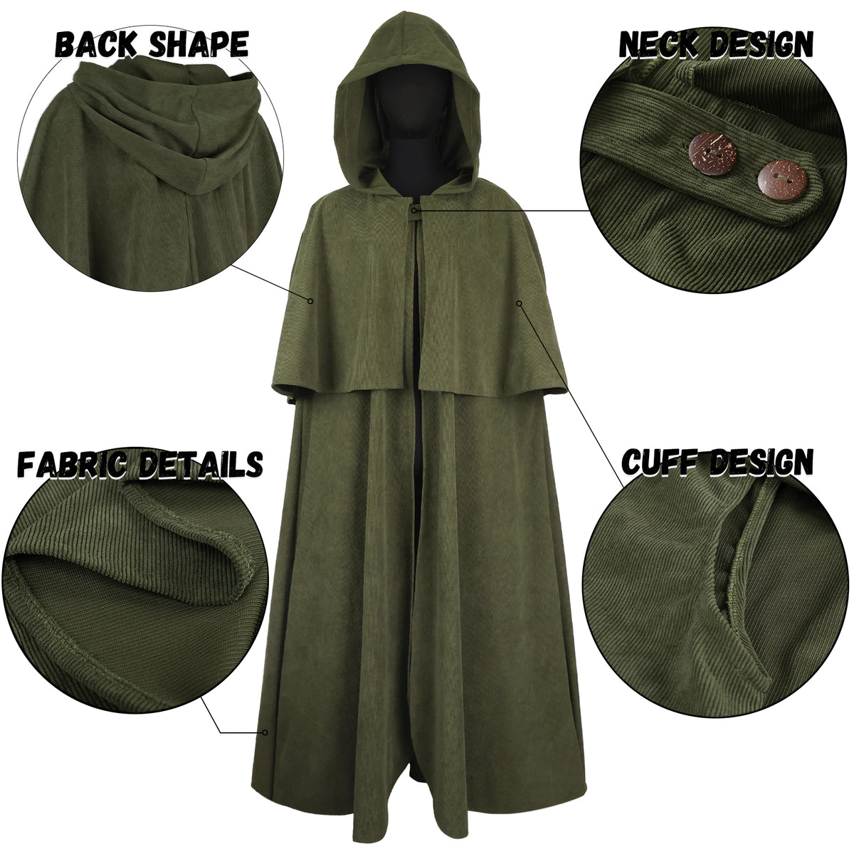 HiiFeuer Medieval Corduroy Hooded Cloak with Adjustable Brooch