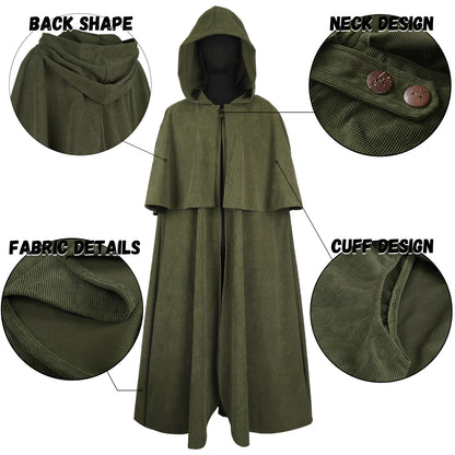 HiiFeuer Medieval Corduroy Hooded Cloak with Adjustable Brooch