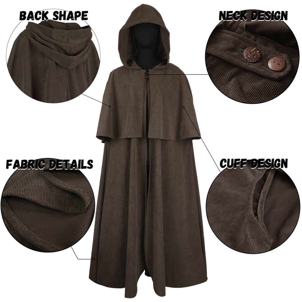 HiiFeuer Medieval Corduroy Hooded Cloak with Adjustable Brooch