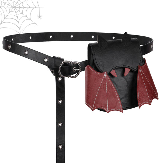 HiiFeuer Medieval Faux Leather Bat Belt Bag with Embroidered Wings