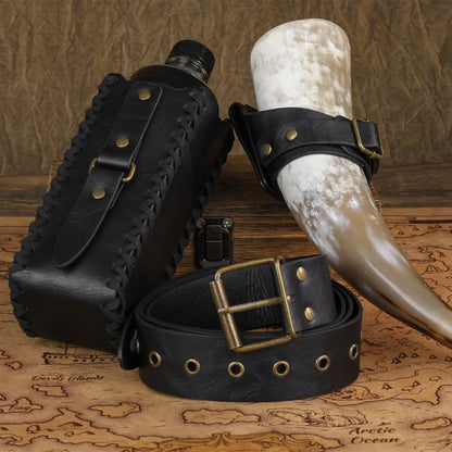 HiiFeuer 3Pcs Medieval Belt with Bottle Beer Holster