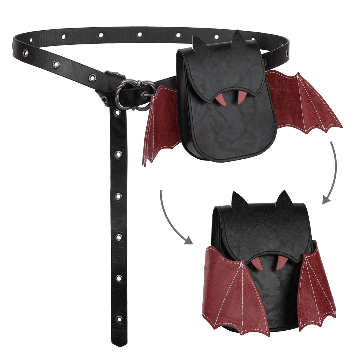 HiiFeuer Medieval Faux Leather Bat Belt Bag with Embroidered Wings