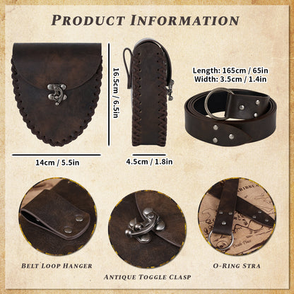 HiiFeuer Medieval Faux Leather Belt with Viking Waist Bag