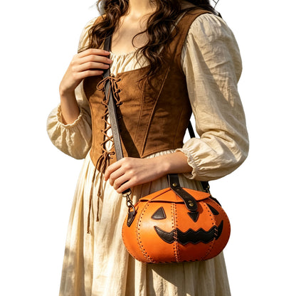 HiiFeuer Faux Leather Pumpkin Shaped Pouch with Woven Lanyard