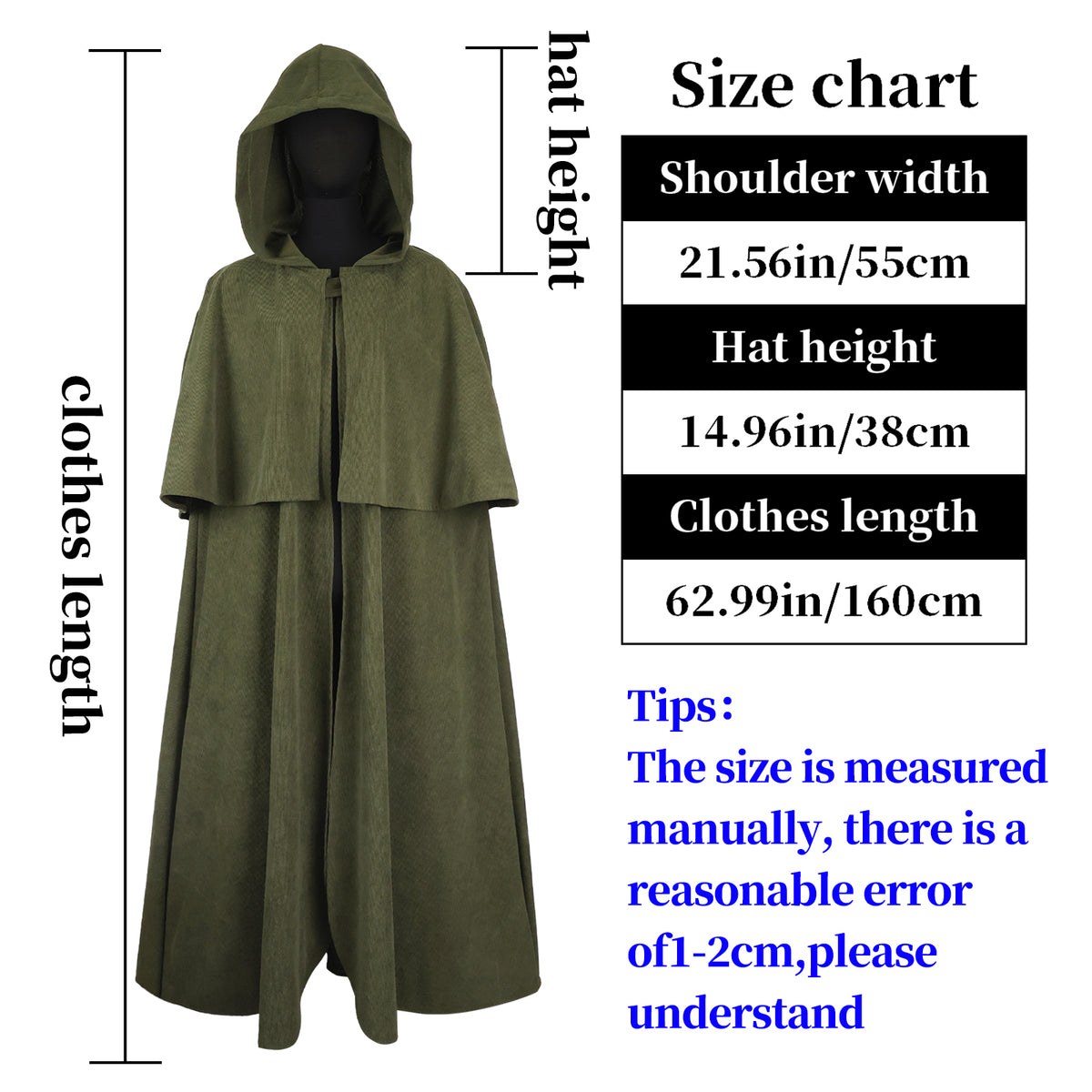 HiiFeuer Medieval Corduroy Hooded Cloak with Adjustable Brooch