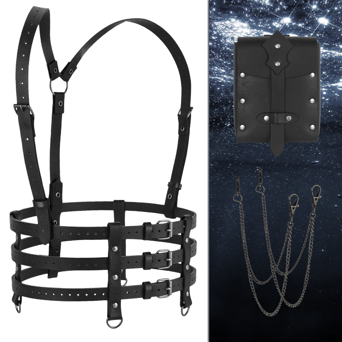 HiiFeuer 2PCs Punk Women Faux Leather Harness Waist Belt