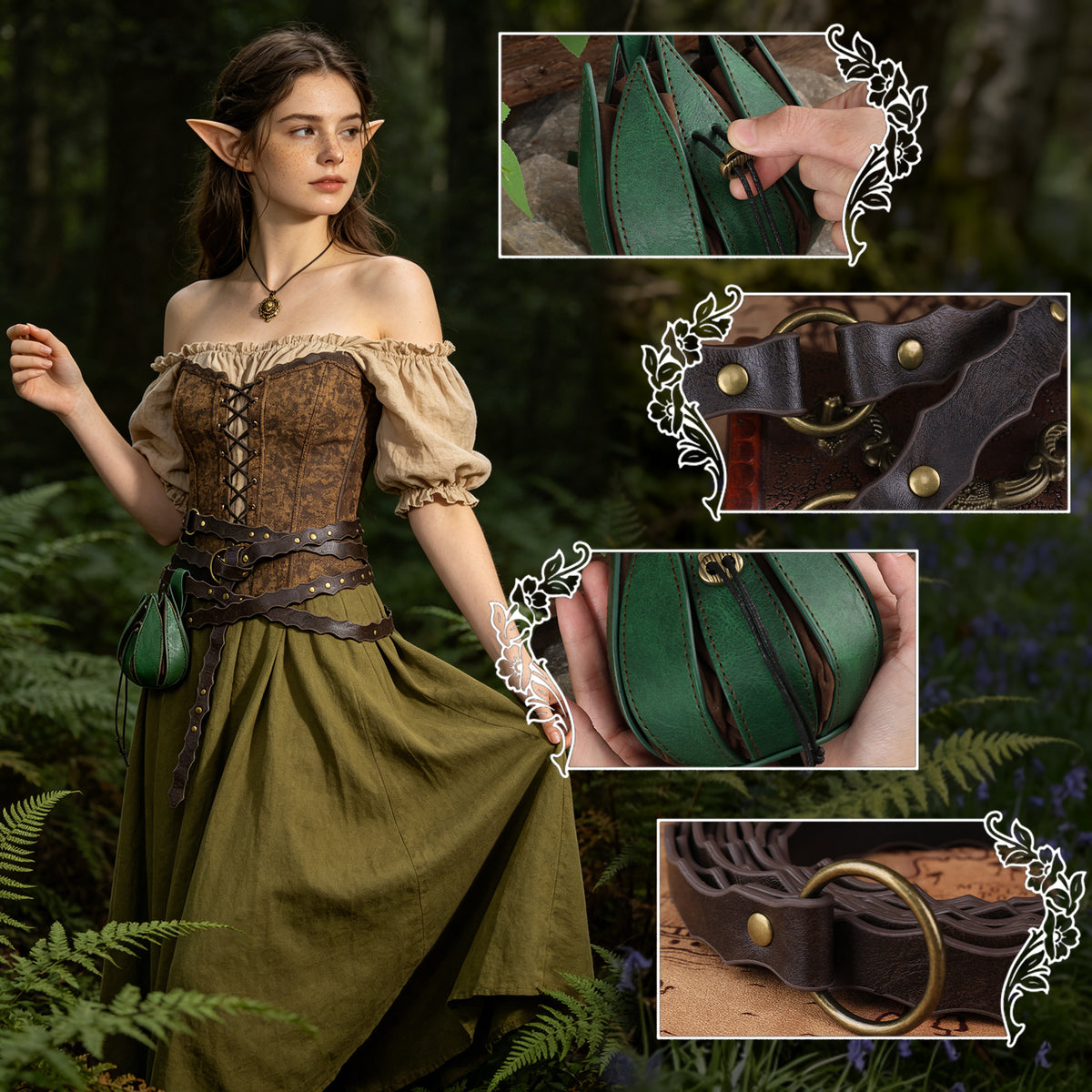 HiiFeuer Medieval Belt Renaissance Leaf Purse