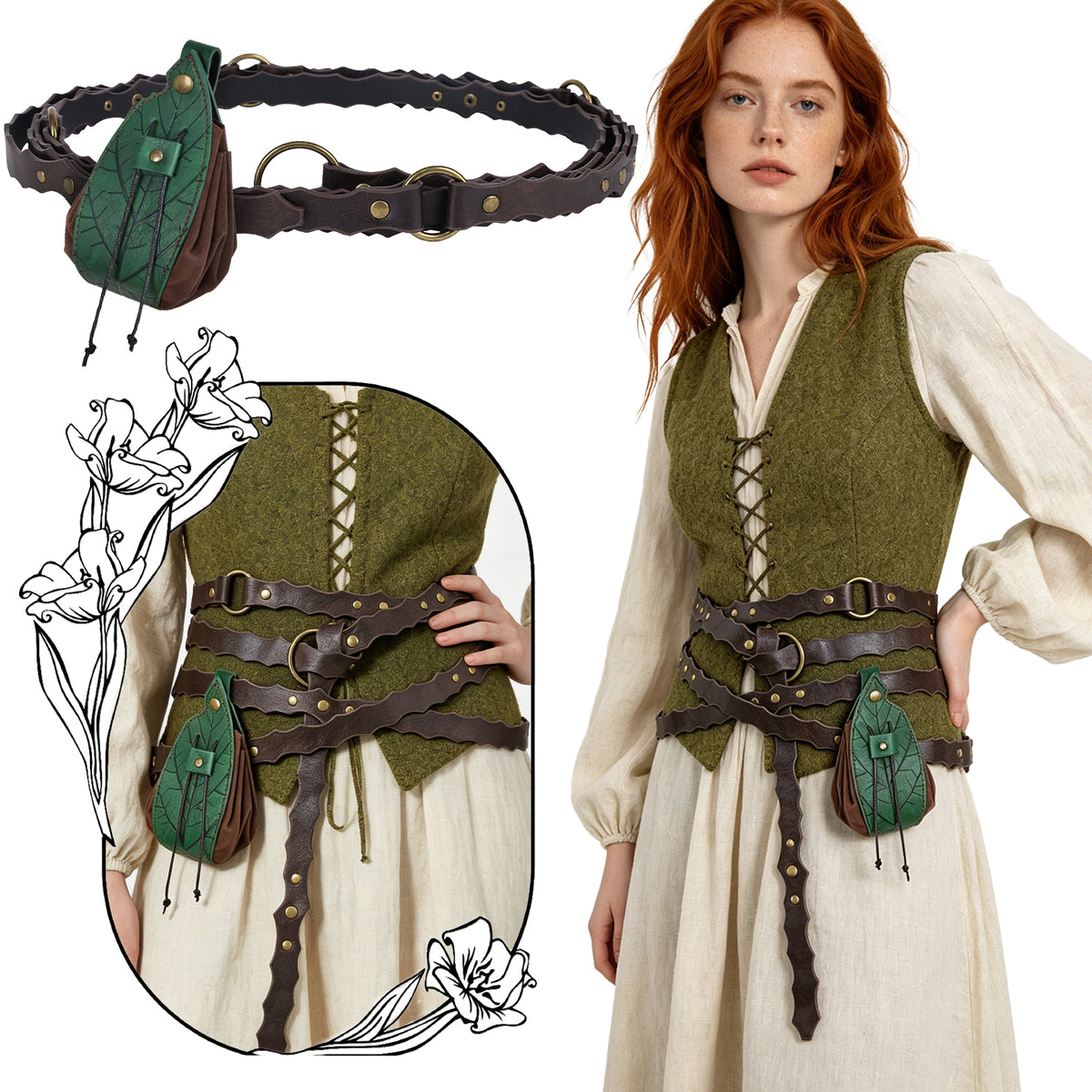 HiiFeuer Medieval Belt Renaissance Leaf Purse