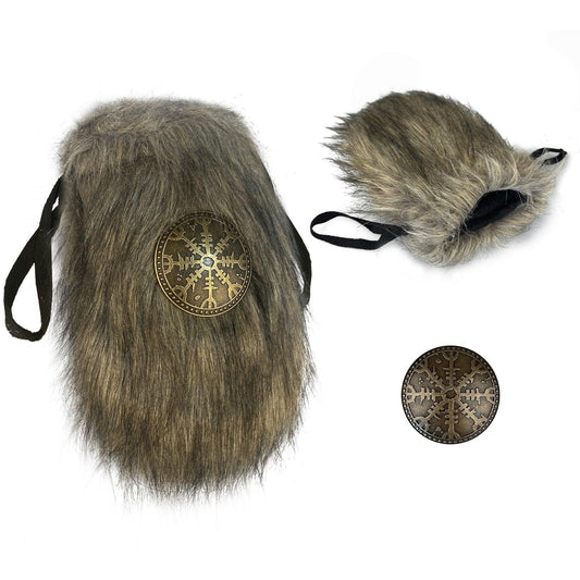 HiiFeuer Viking Faux Fur Belt Bag Nordic Badge Belt Pouch Fuzzy Portable Drawstring Purse Medieval Cosplay Side Pack Dice Bag