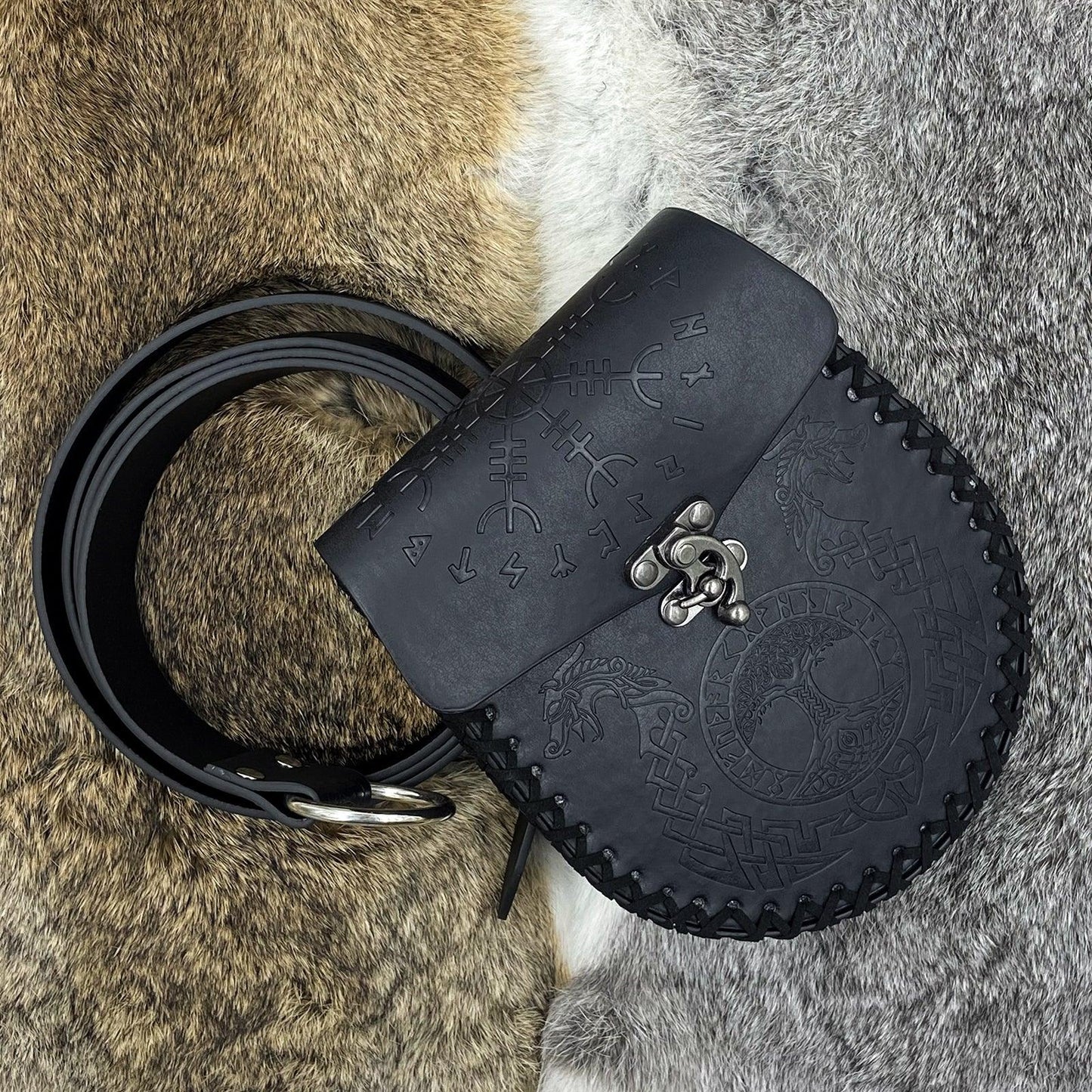 HiiFeuer Medieval Embossed O Ring Belt with Nordic Embossed Belt Bag, Vintage Faux Leather Belt and Belt Pouch Set for LARP