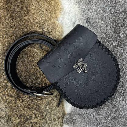 HiiFeuer Medieval Embossed O Ring Belt with Nordic Embossed Belt Bag, Vintage Faux Leather Belt and Belt Pouch Set for LARP