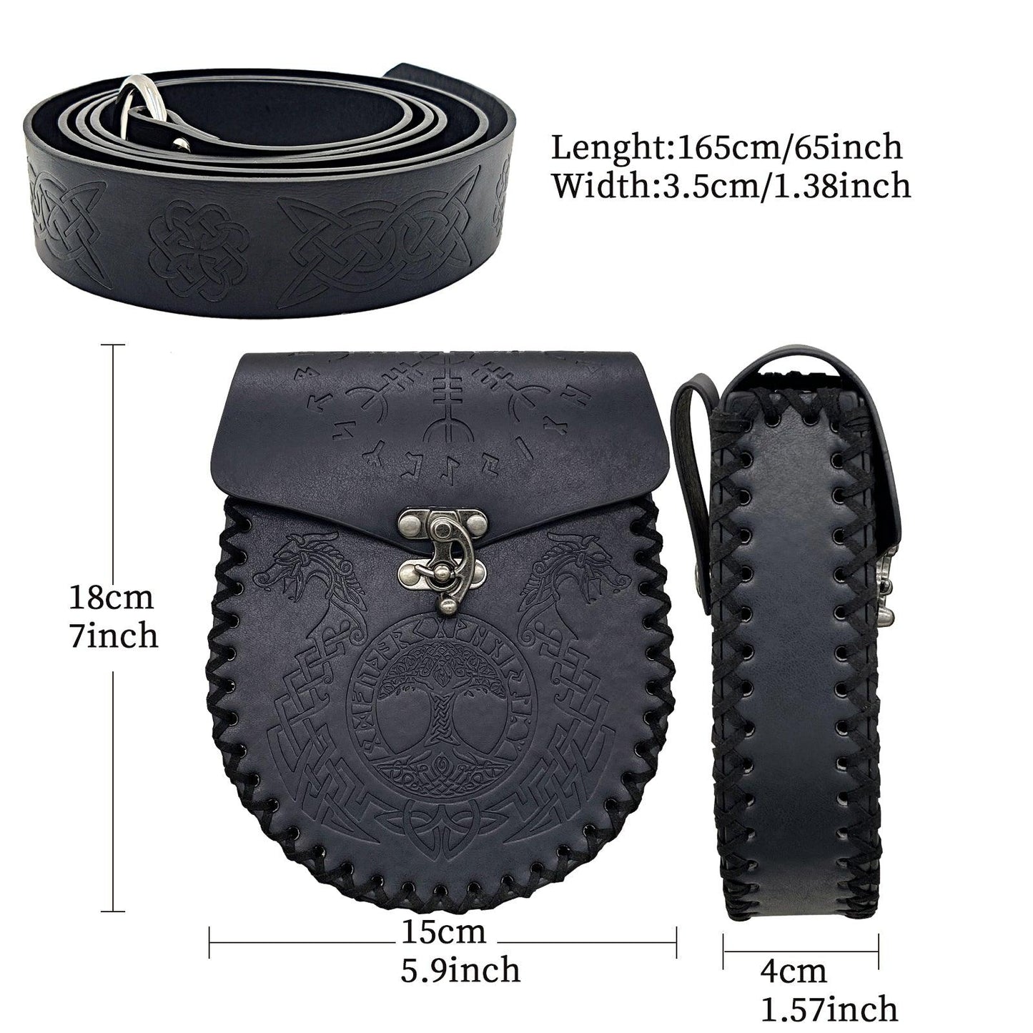 HiiFeuer Medieval Embossed O Ring Belt with Nordic Embossed Belt Bag, Vintage Faux Leather Belt and Belt Pouch Set for LARP