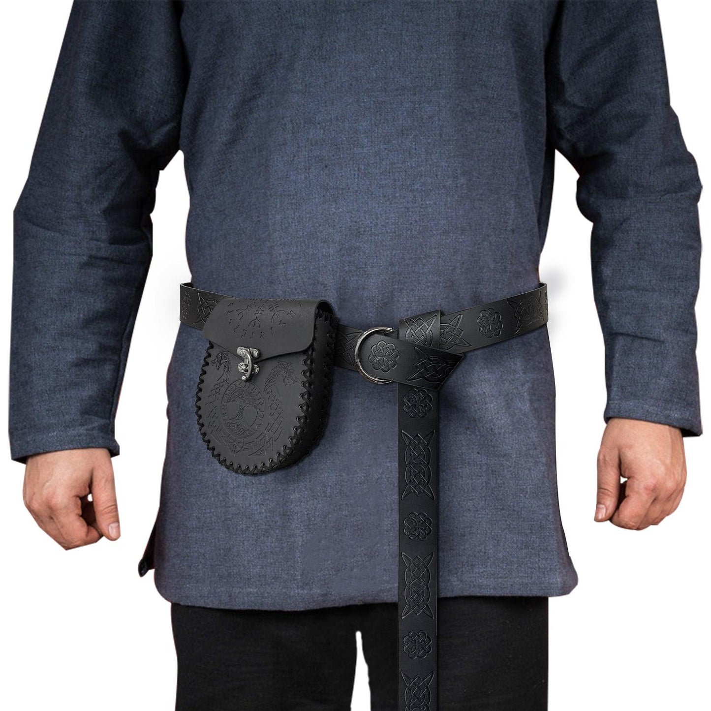 HiiFeuer Medieval Embossed O Ring Belt with Nordic Embossed Belt Bag, Vintage Faux Leather Belt and Belt Pouch Set for LARP