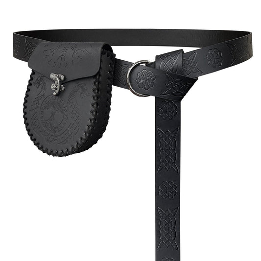 HiiFeuer Medieval Embossed O Ring Belt with Nordic Embossed Belt Bag, Vintage Faux Leather Belt and Belt Pouch Set for LARP