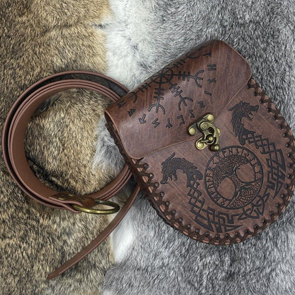 HiiFeuer Medieval Embossed O Ring Belt with Nordic Embossed Belt Bag, Vintage Faux Leather Belt and Belt Pouch Set for LARP