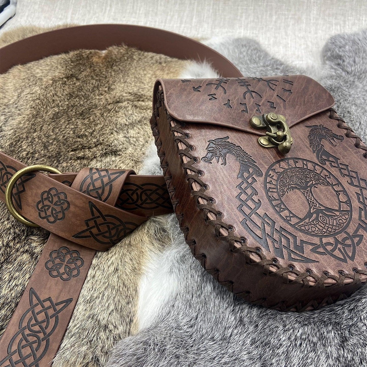 HiiFeuer Medieval Embossed O Ring Belt with Nordic Embossed Belt Bag, Vintage Faux Leather Belt and Belt Pouch Set for LARP
