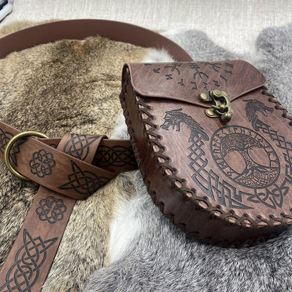 HiiFeuer Medieval Embossed O Ring Belt with Nordic Embossed Belt Bag, Vintage Faux Leather Belt and Belt Pouch Set for LARP