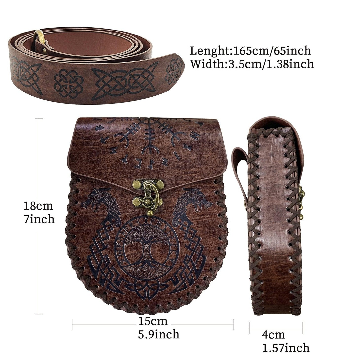 HiiFeuer Medieval Embossed O Ring Belt with Nordic Embossed Belt Bag, Vintage Faux Leather Belt and Belt Pouch Set for LARP