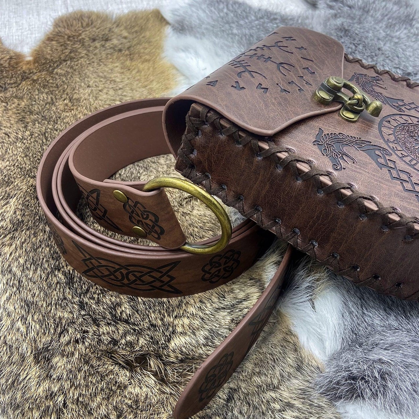 HiiFeuer Medieval Embossed O Ring Belt with Nordic Embossed Belt Bag, Vintage Faux Leather Belt and Belt Pouch Set for LARP