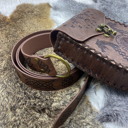 HiiFeuer Medieval Embossed O Ring Belt with Nordic Embossed Belt Bag, Vintage Faux Leather Belt and Belt Pouch Set for LARP