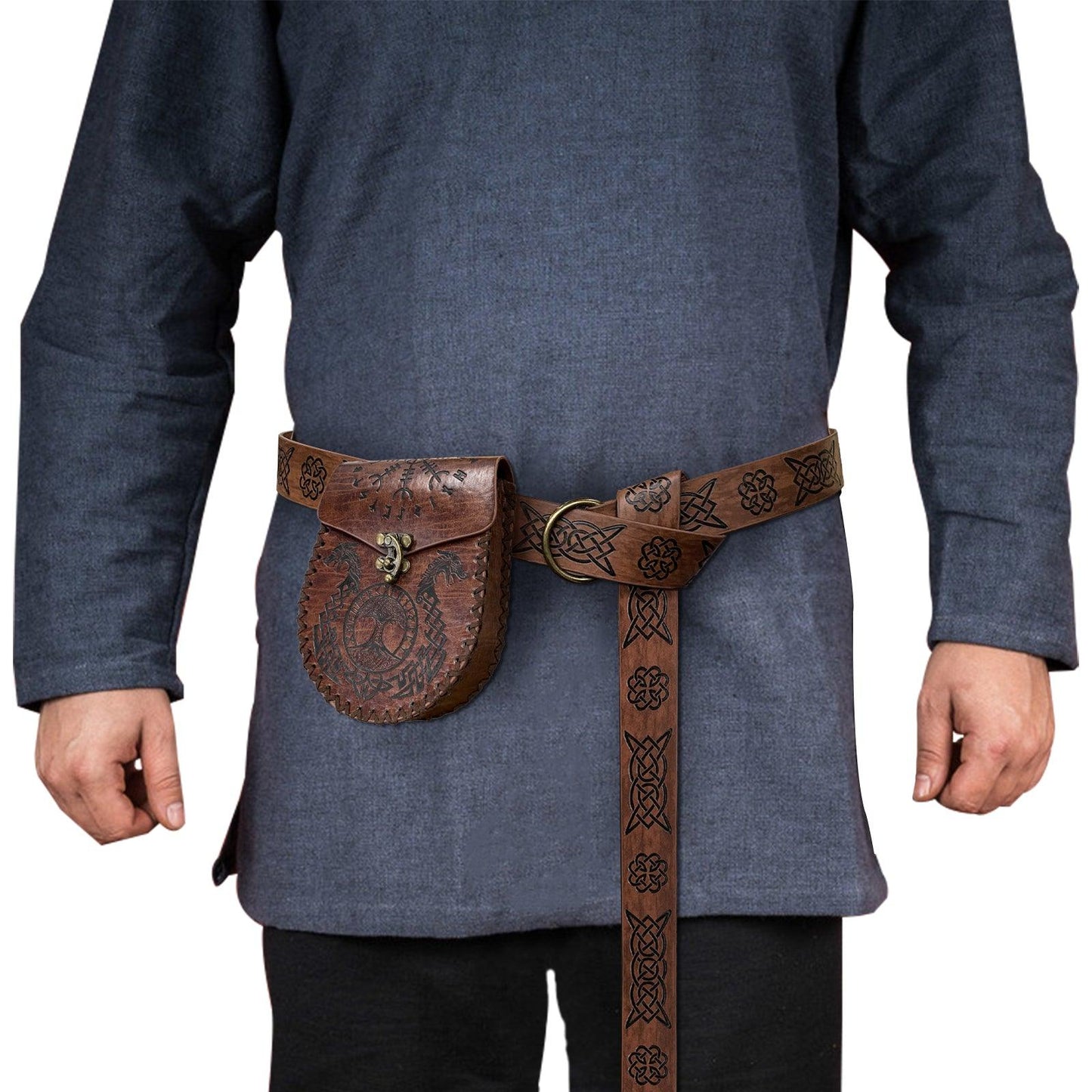 HiiFeuer Medieval Embossed O Ring Belt with Nordic Embossed Belt Bag, Vintage Faux Leather Belt and Belt Pouch Set for LARP