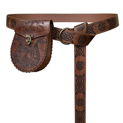 HiiFeuer Medieval Embossed O Ring Belt with Nordic Embossed Belt Bag, Vintage Faux Leather Belt and Belt Pouch Set for LARP